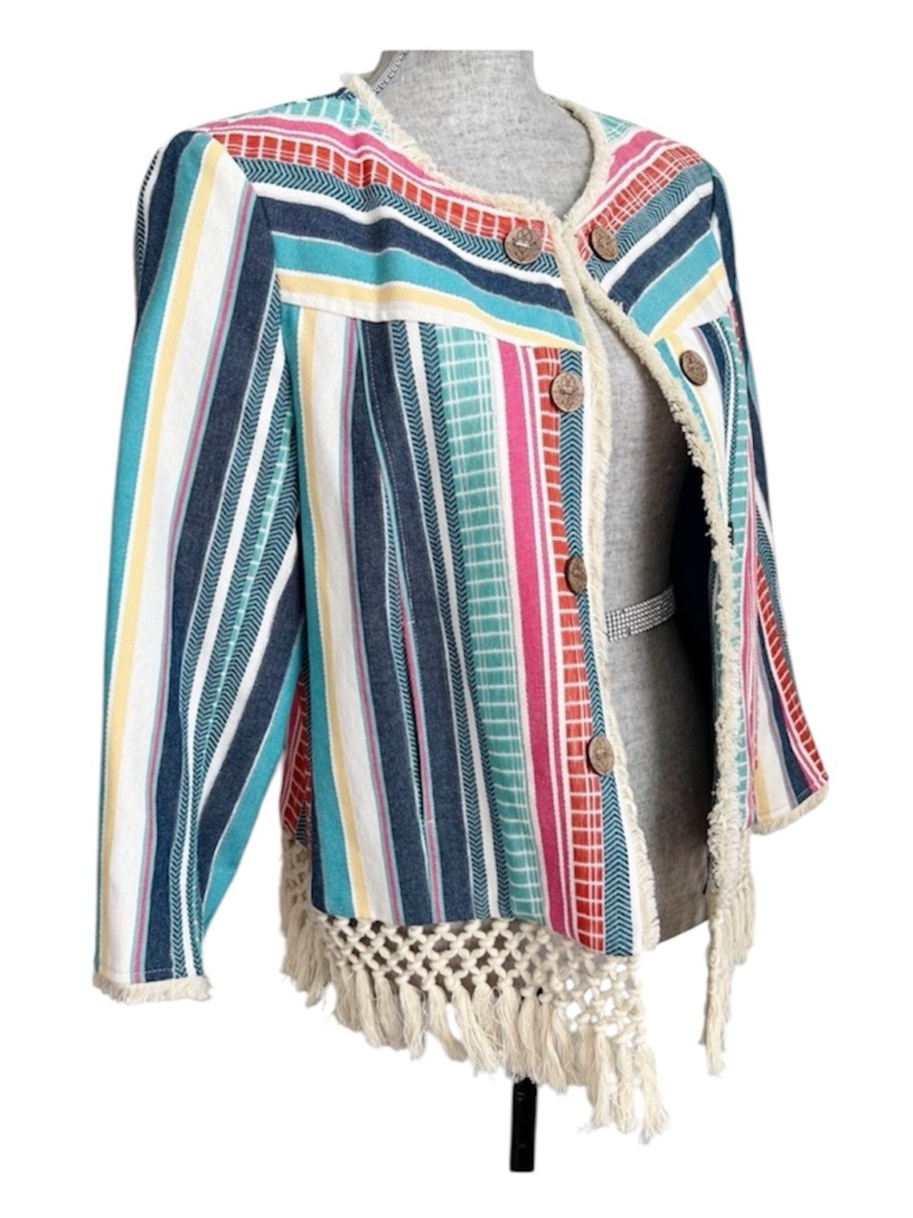 Multiples Striped Crochet Fringe Hem Open Jacket Blazer Boho Medium